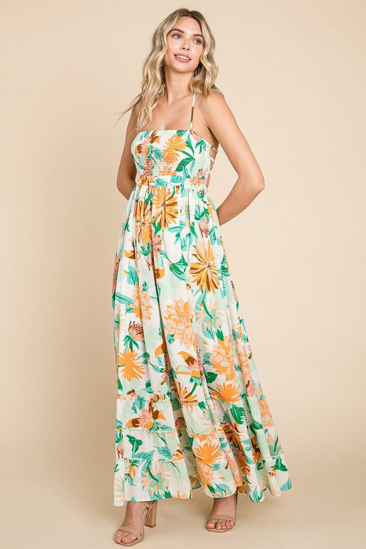 Floral Shirred Bodice Halter Cami Sun Maxi Dress by RolyPoly Apparel