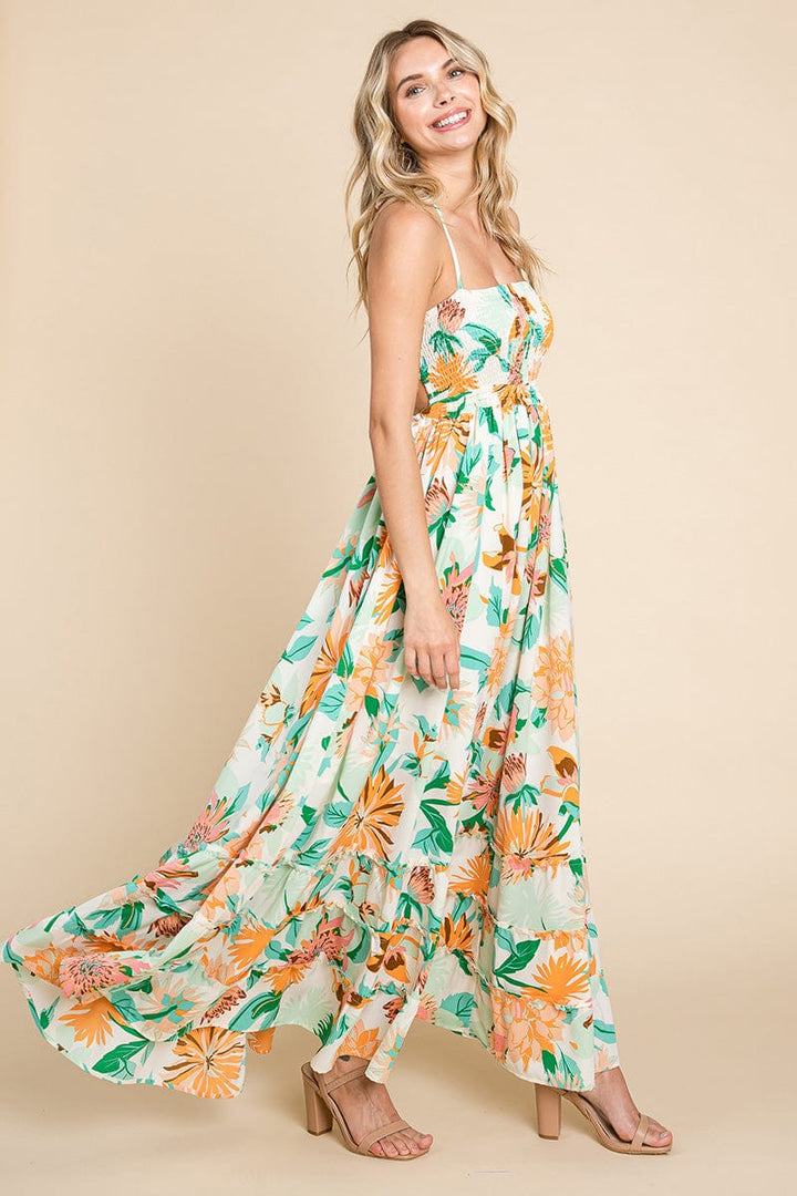 Floral Shirred Bodice Halter Cami Sun Maxi Dress by RolyPoly Apparel