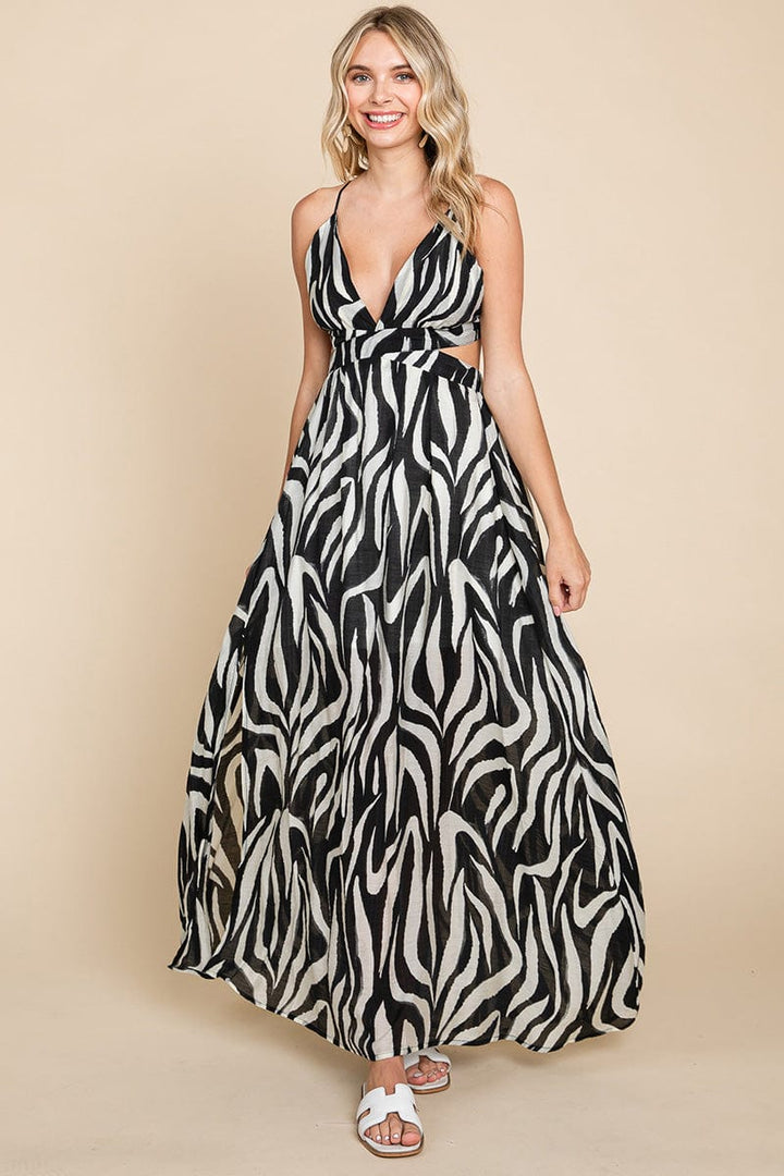 Deep V Neck Open Back Zebra Print Boho Maxi Dress by RolyPoly Apparel