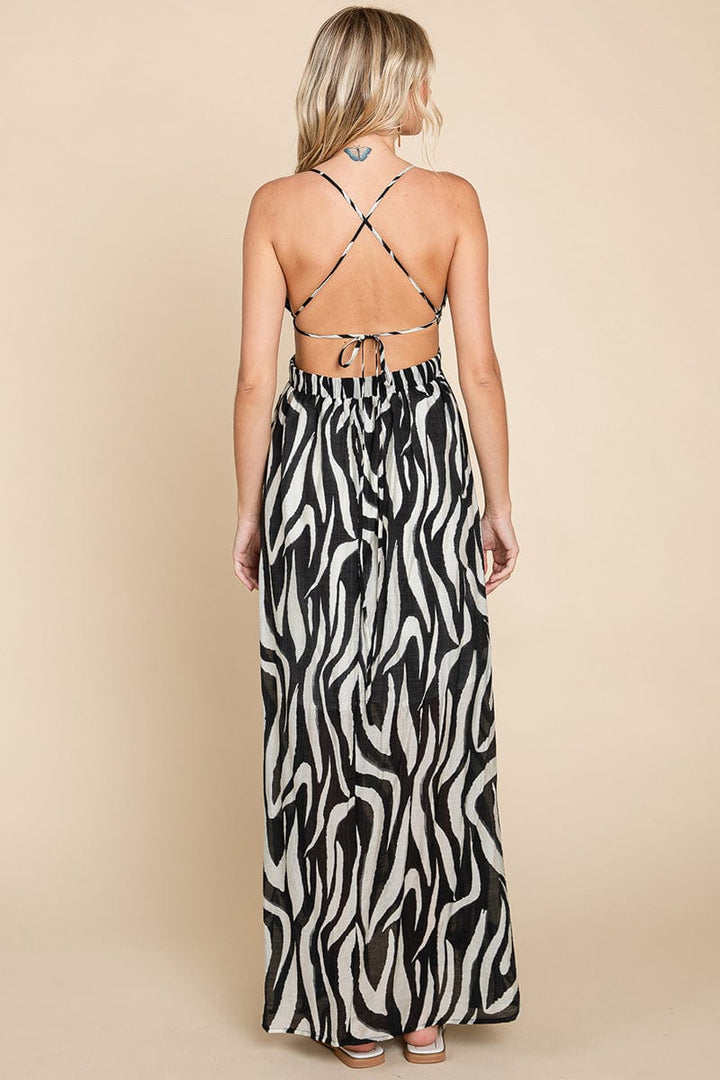 Deep V Neck Open Back Zebra Print Boho Maxi Dress by RolyPoly Apparel