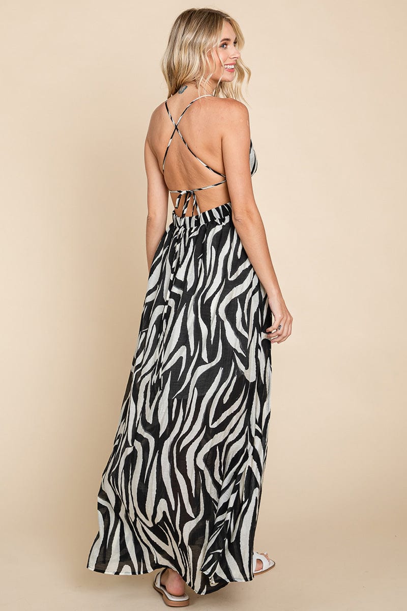 Deep V Neck Open Back Zebra Print Boho Maxi Dress by RolyPoly Apparel