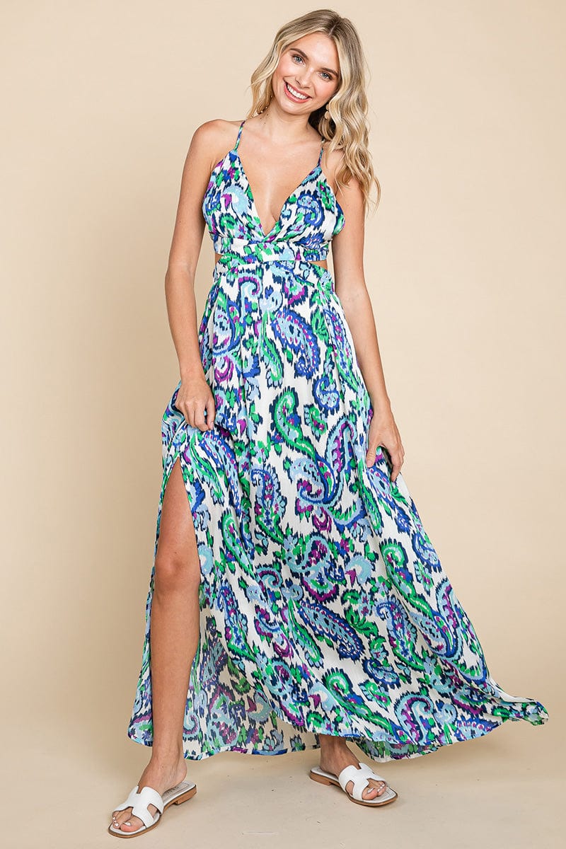 Deep V Neck Open Back Printed Boho Maxi Dress by RolyPoly Apparel