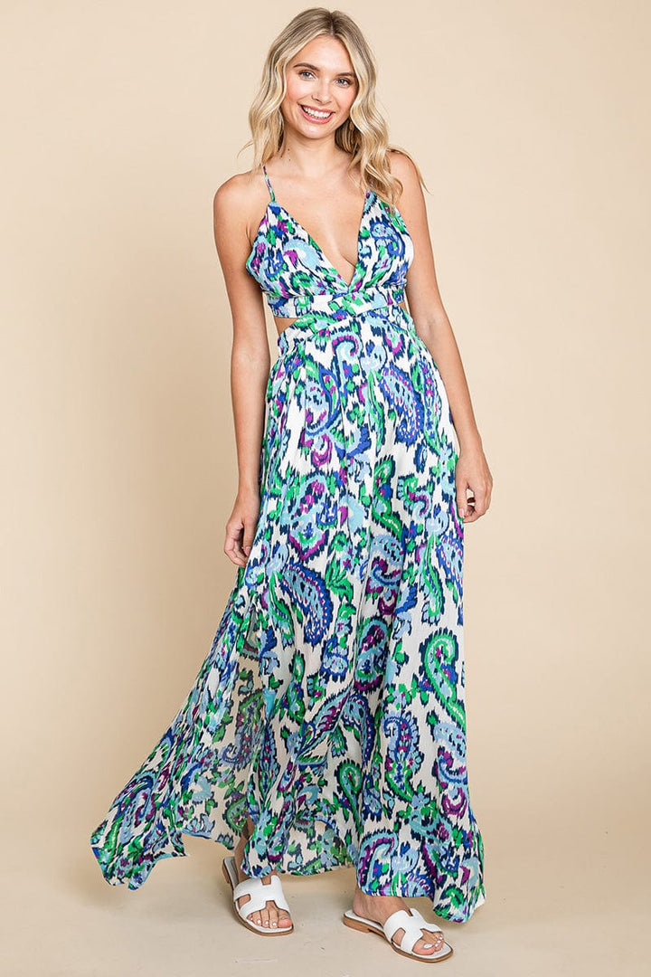 Deep V Neck Open Back Printed Boho Maxi Dress by RolyPoly Apparel