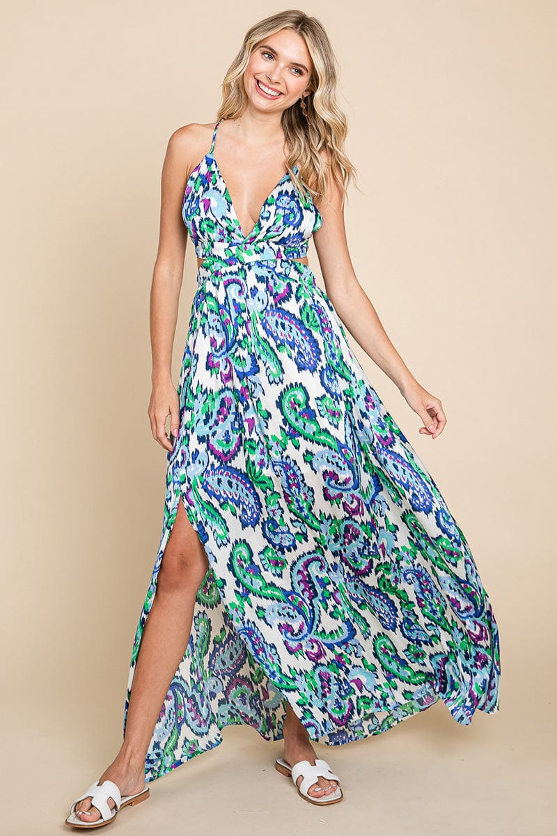 Deep V Neck Open Back Printed Boho Maxi Dress by RolyPoly Apparel