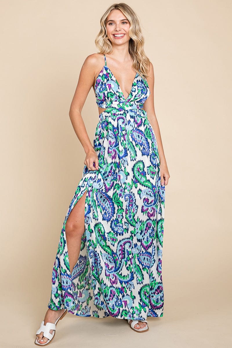 Deep V Neck Open Back Printed Boho Maxi Dress by RolyPoly Apparel