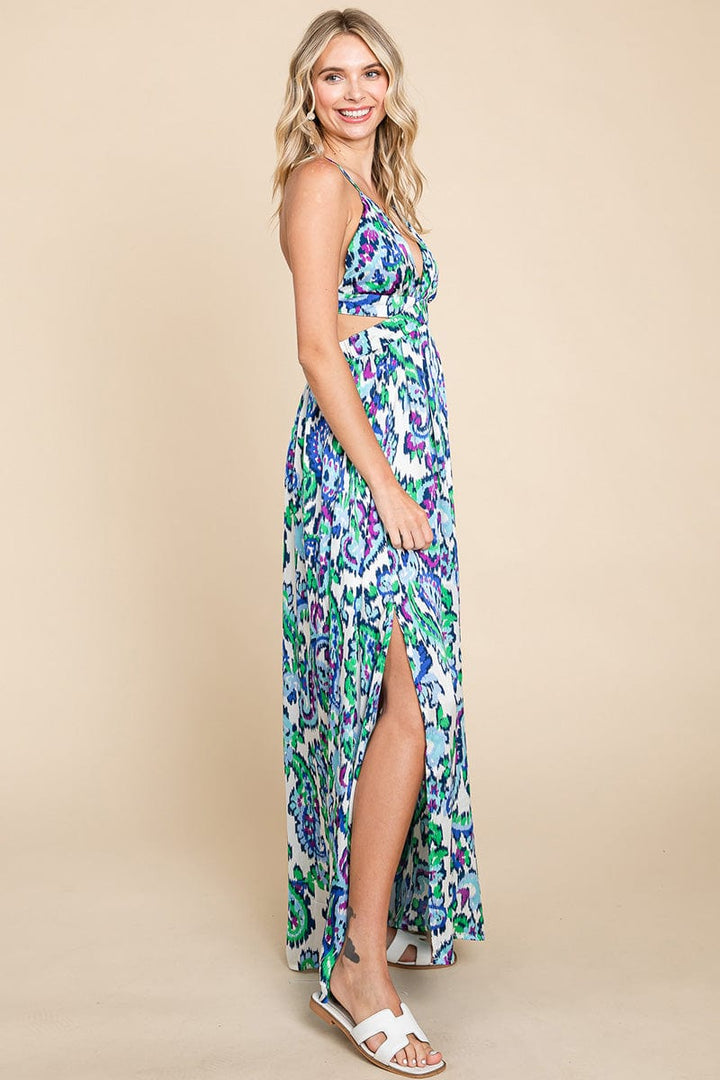 Deep V Neck Open Back Printed Boho Maxi Dress by RolyPoly Apparel