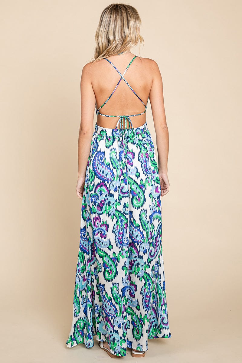 Deep V Neck Open Back Printed Boho Maxi Dress by RolyPoly Apparel