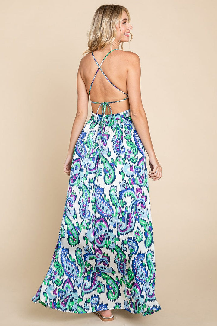 Deep V Neck Open Back Printed Boho Maxi Dress by RolyPoly Apparel