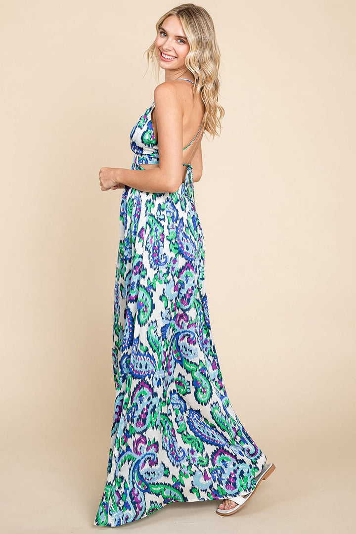 Deep V Neck Open Back Printed Boho Maxi Dress by RolyPoly Apparel