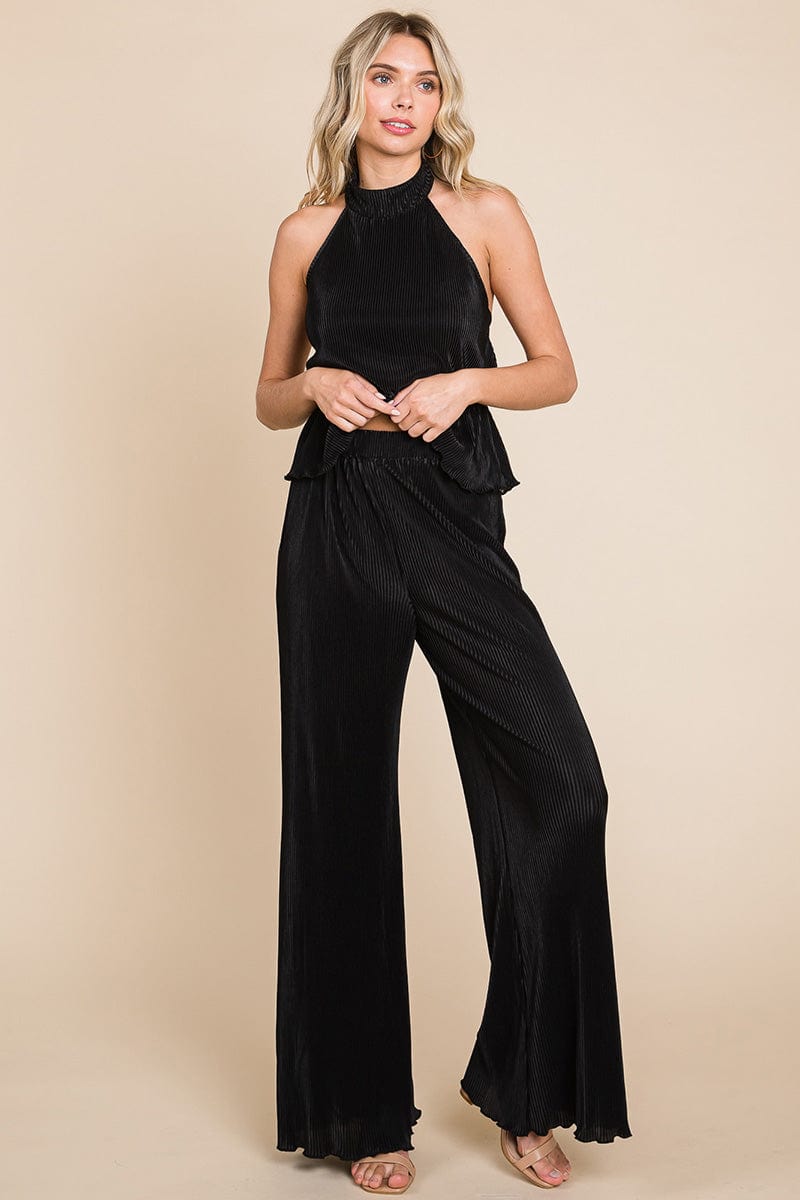 Pleated Backless Halter Tank & Wide Leg Pants Sets