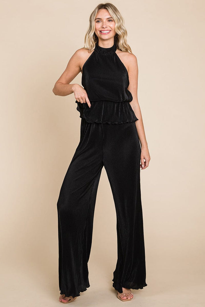 Pleated Backless Halter Tank & Wide Leg Pants Sets