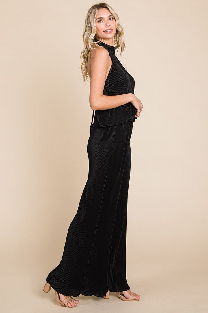 Pleated Backless Halter Tank & Wide Leg Pants Sets