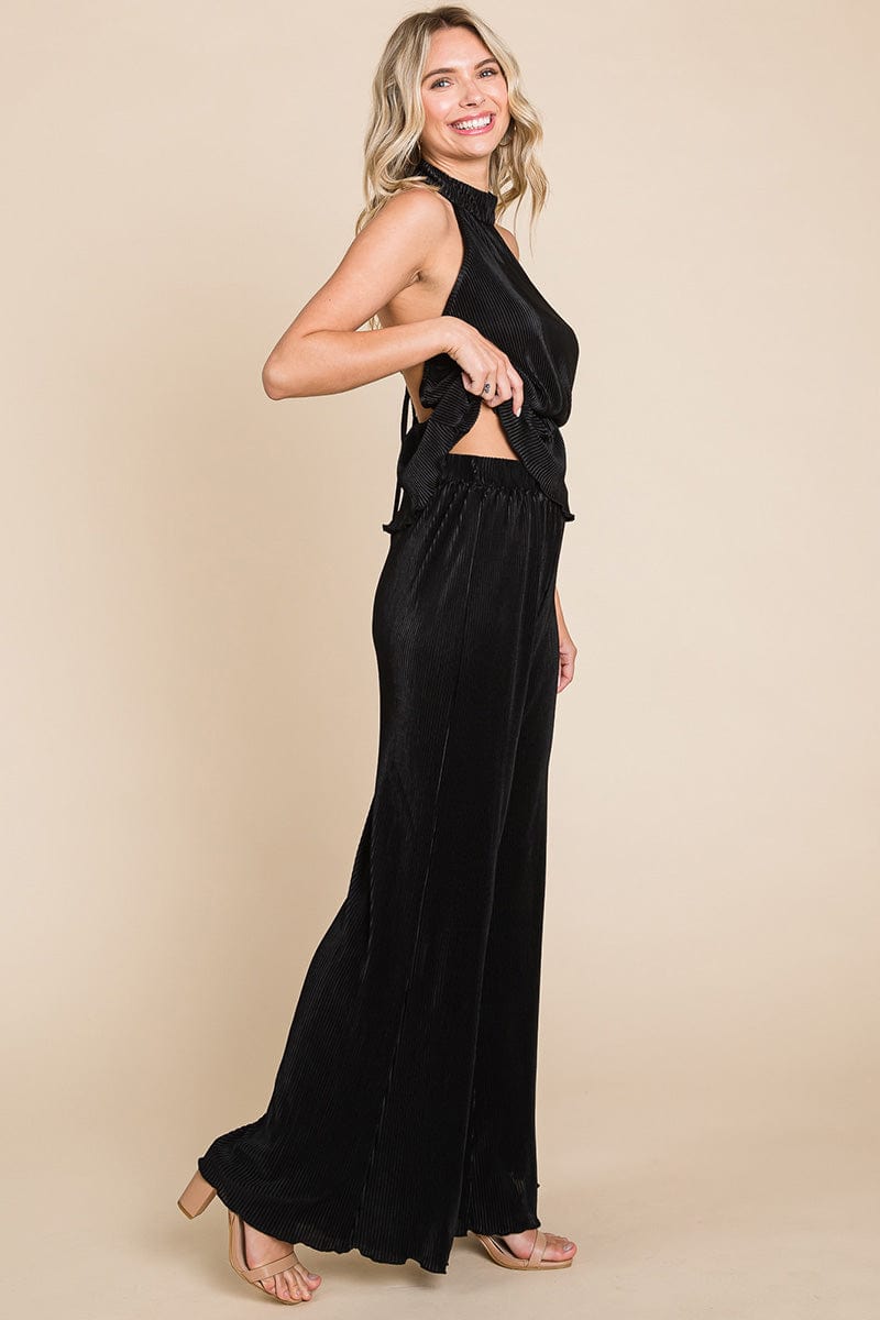 Pleated Backless Halter Tank & Wide Leg Pants Sets