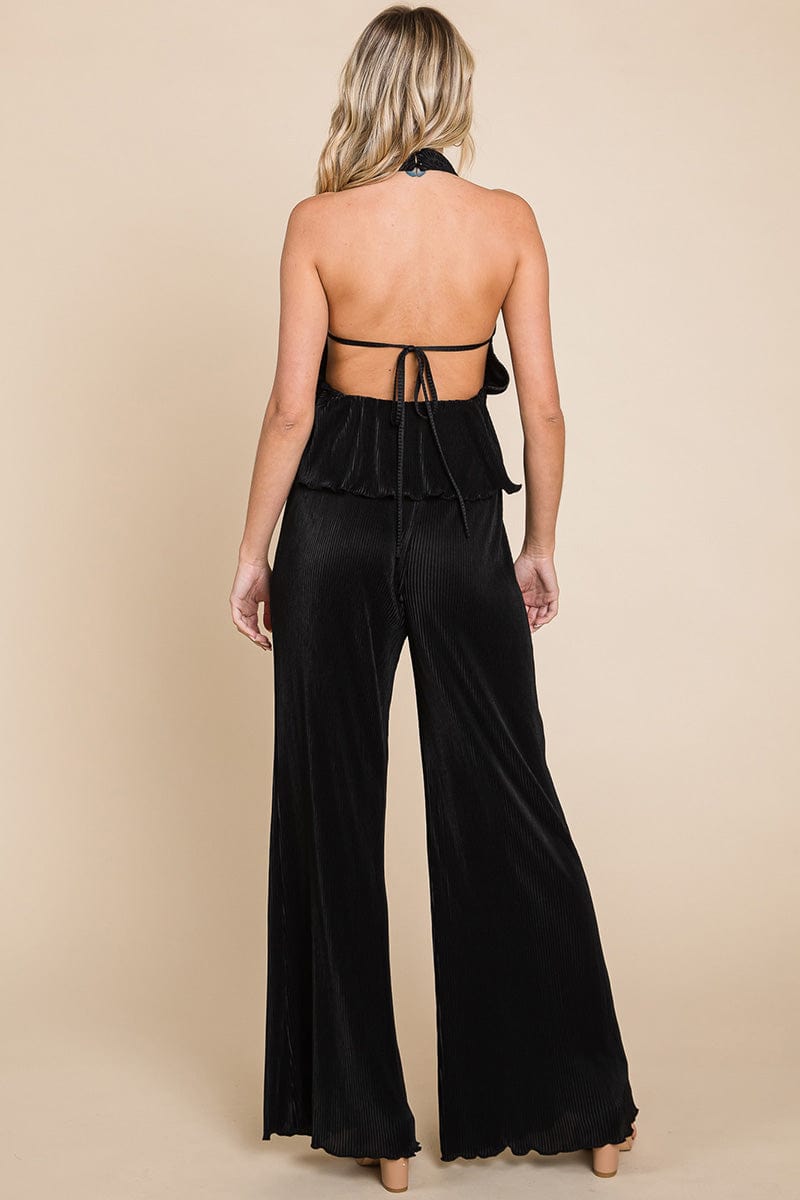 Pleated Backless Halter Tank & Wide Leg Pants Sets