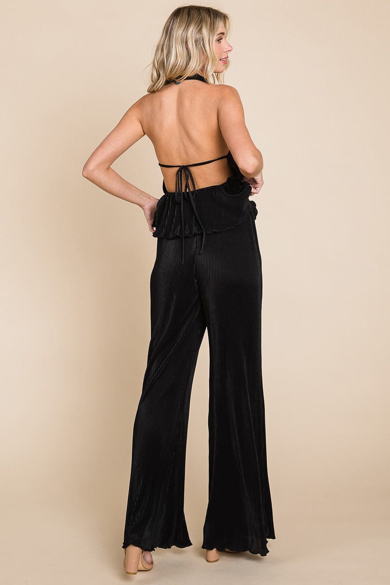 Pleated Backless Halter Tank & Wide Leg Pants Sets