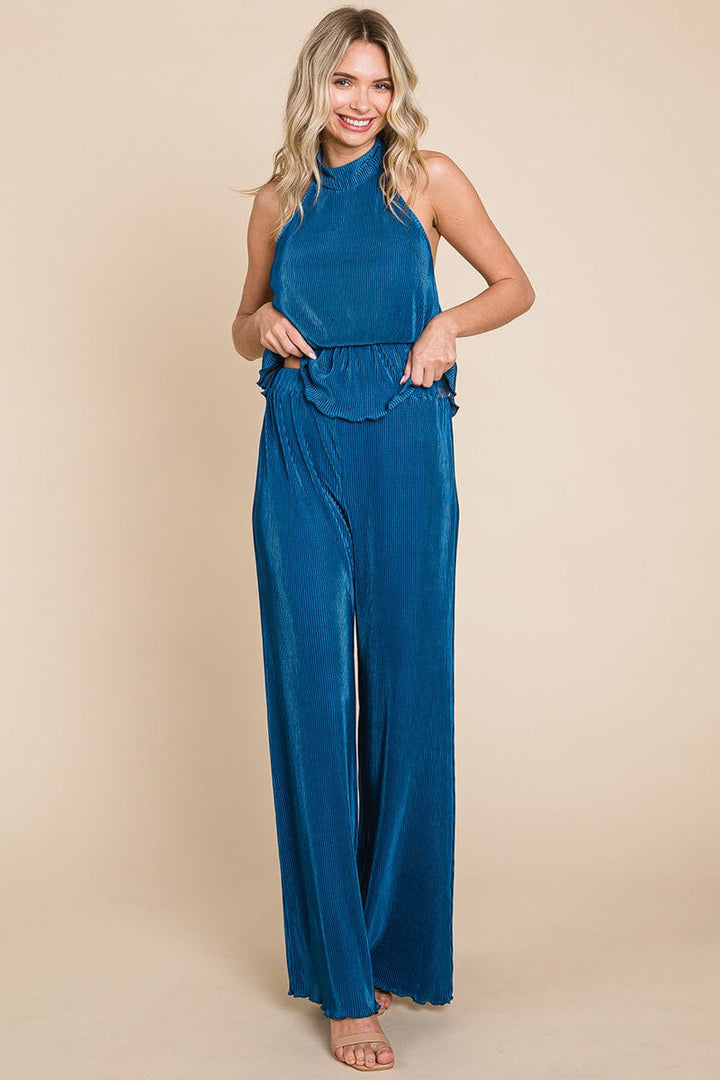 Pleated Backless Halter Tank & Wide Leg Pants Sets