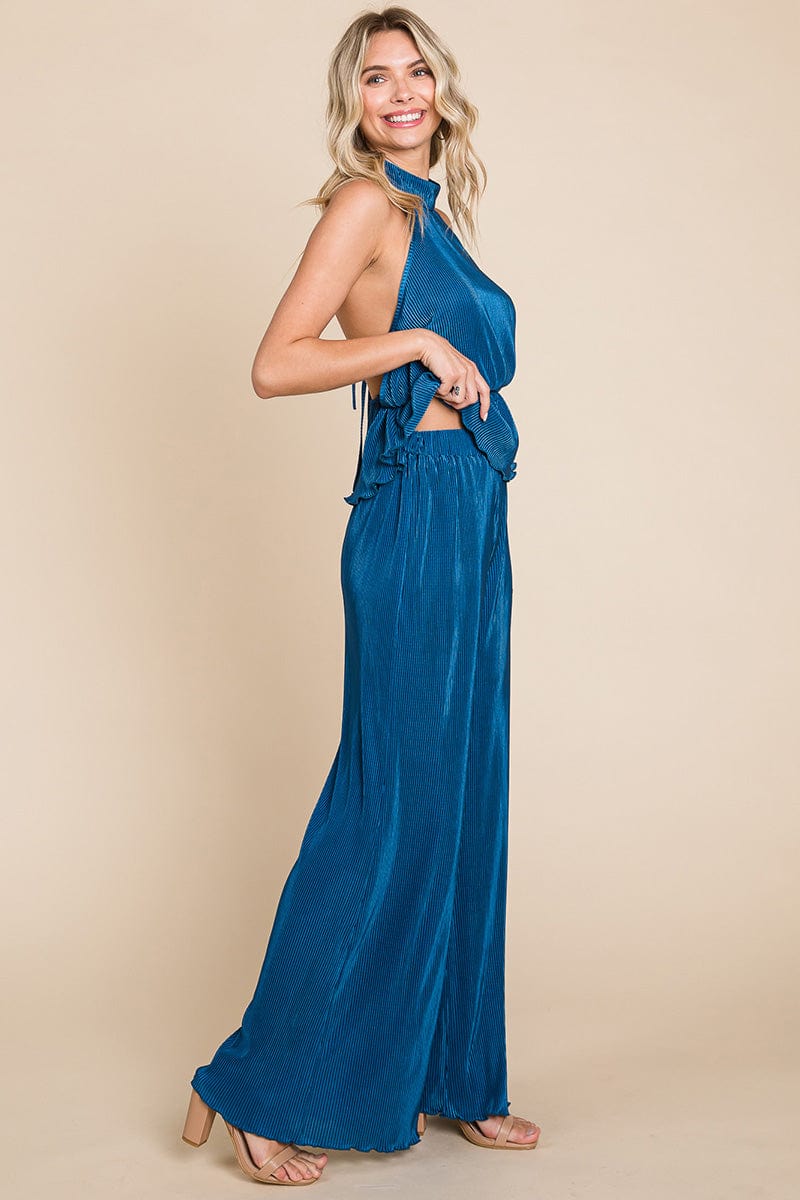 Pleated Backless Halter Tank & Wide Leg Pants Sets