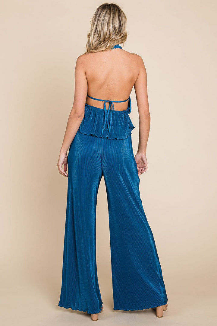 Pleated Backless Halter Tank & Wide Leg Pants Sets