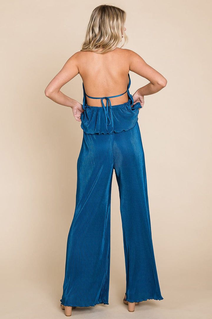 Pleated Backless Halter Tank & Wide Leg Pants Sets