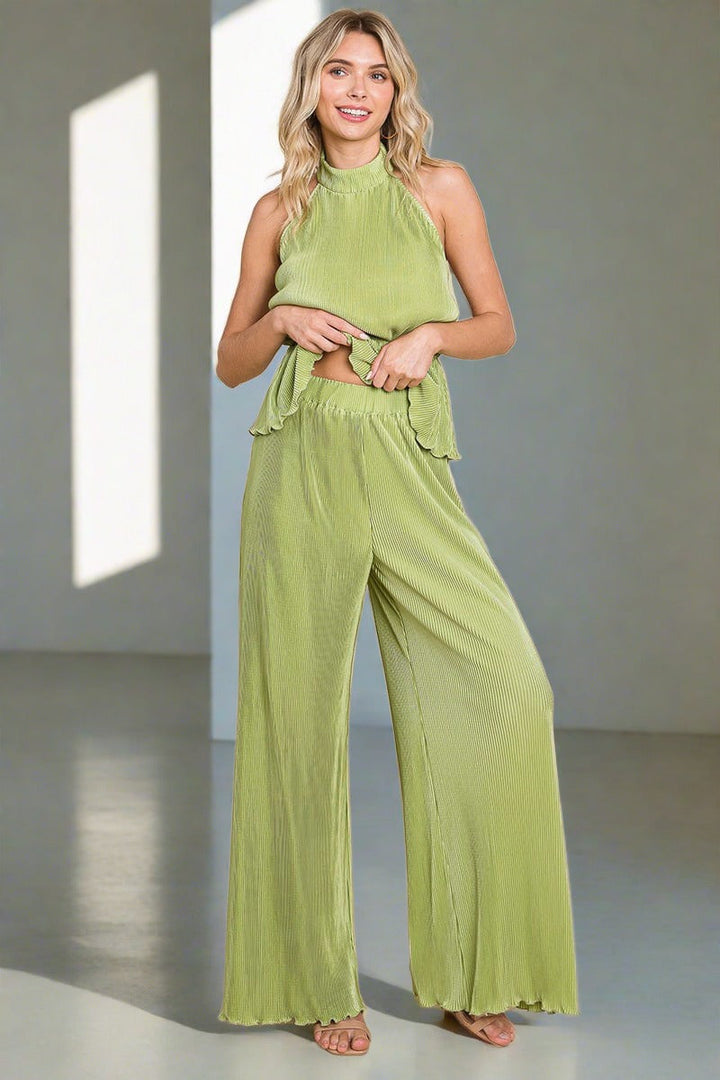 Pleated Backless Halter Tank & Wide Leg Pants Sets