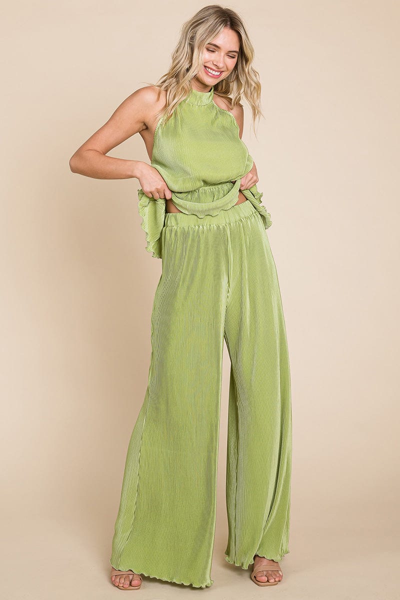 Pleated Backless Halter Tank & Wide Leg Pants Sets