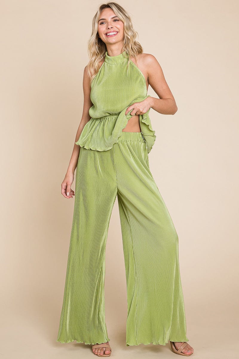 Pleated Backless Halter Tank & Wide Leg Pants Sets