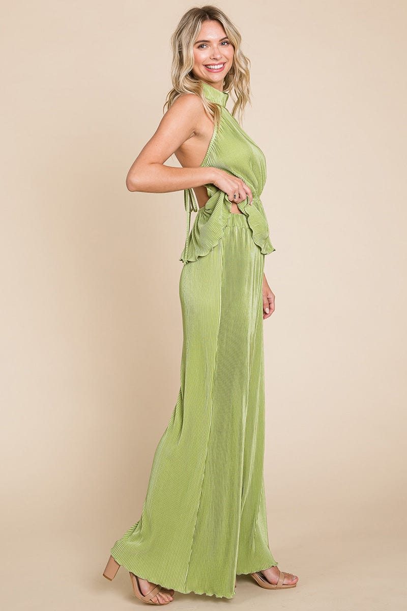 Pleated Backless Halter Tank & Wide Leg Pants Sets