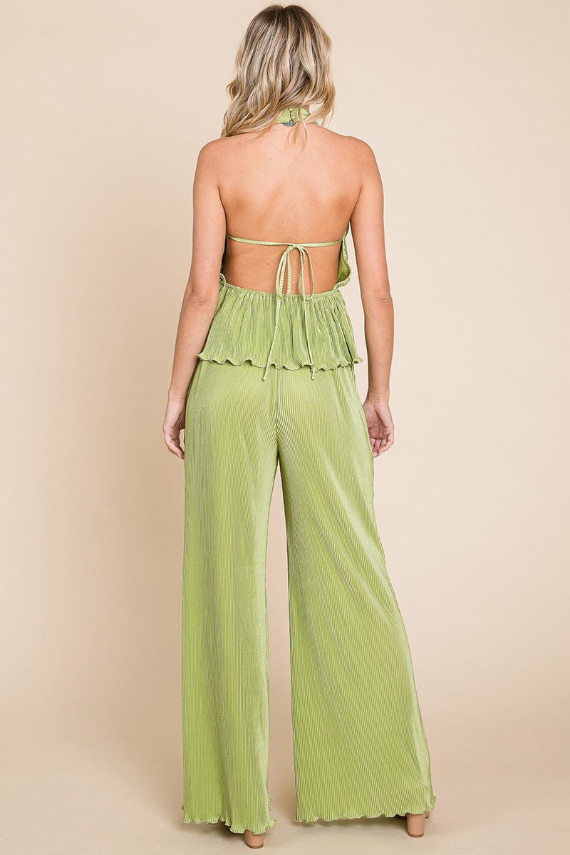 Pleated Backless Halter Tank & Wide Leg Pants Sets