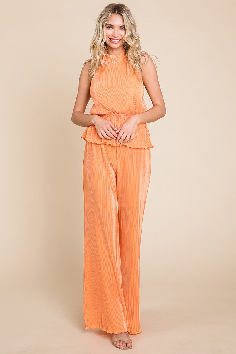 Pleated Backless Halter Tank & Wide Leg Pants Sets