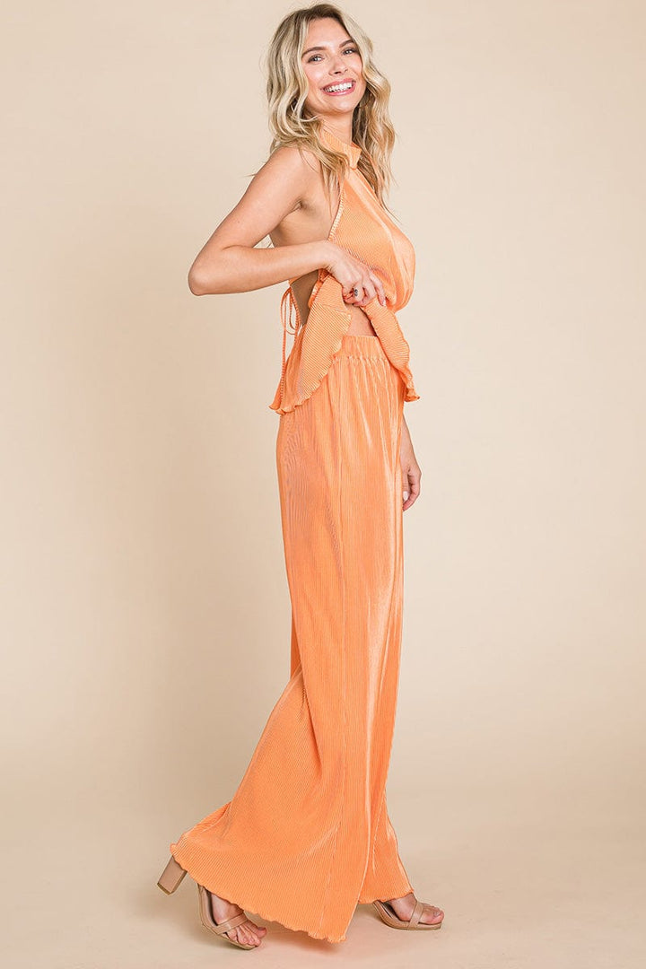 Pleated Backless Halter Tank & Wide Leg Pants Sets