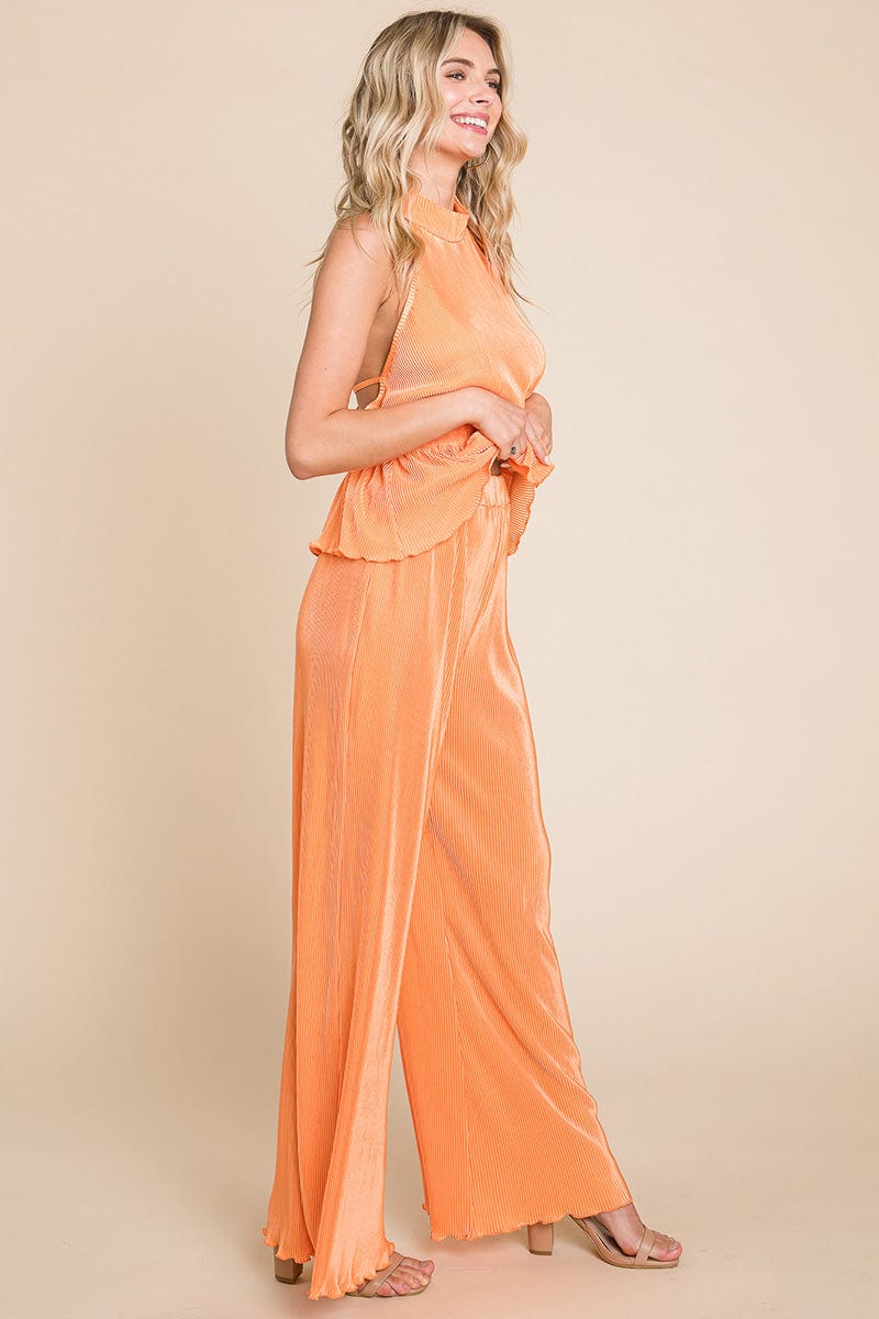 Pleated Backless Halter Tank & Wide Leg Pants Sets