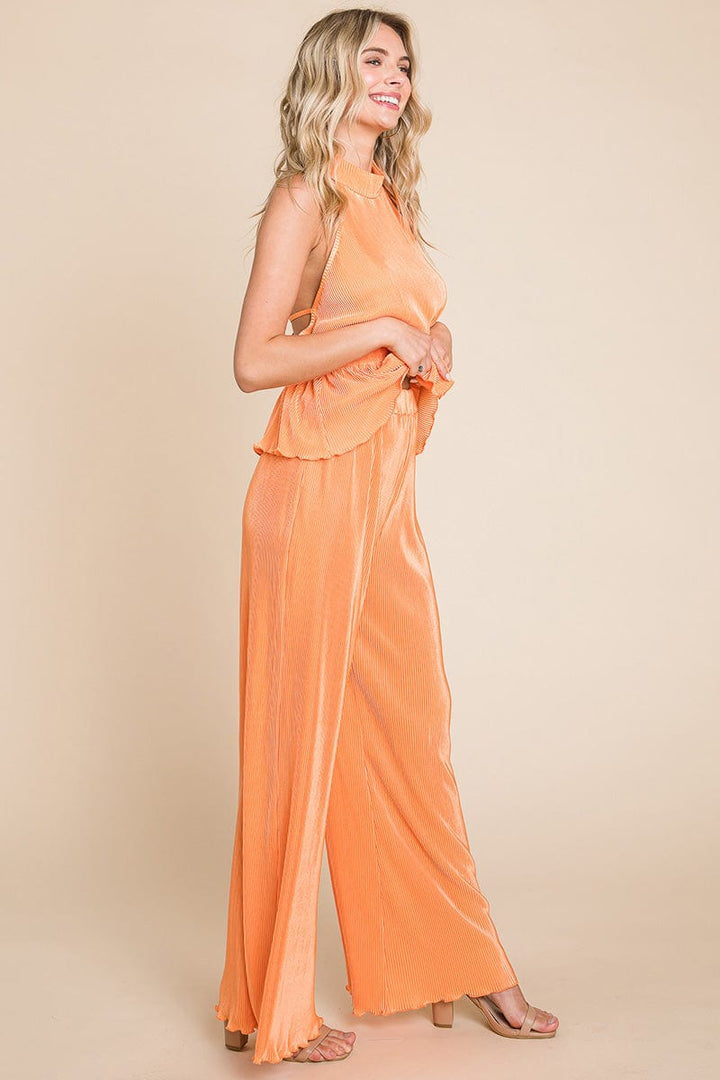 Pleated Backless Halter Tank & Wide Leg Pants Sets