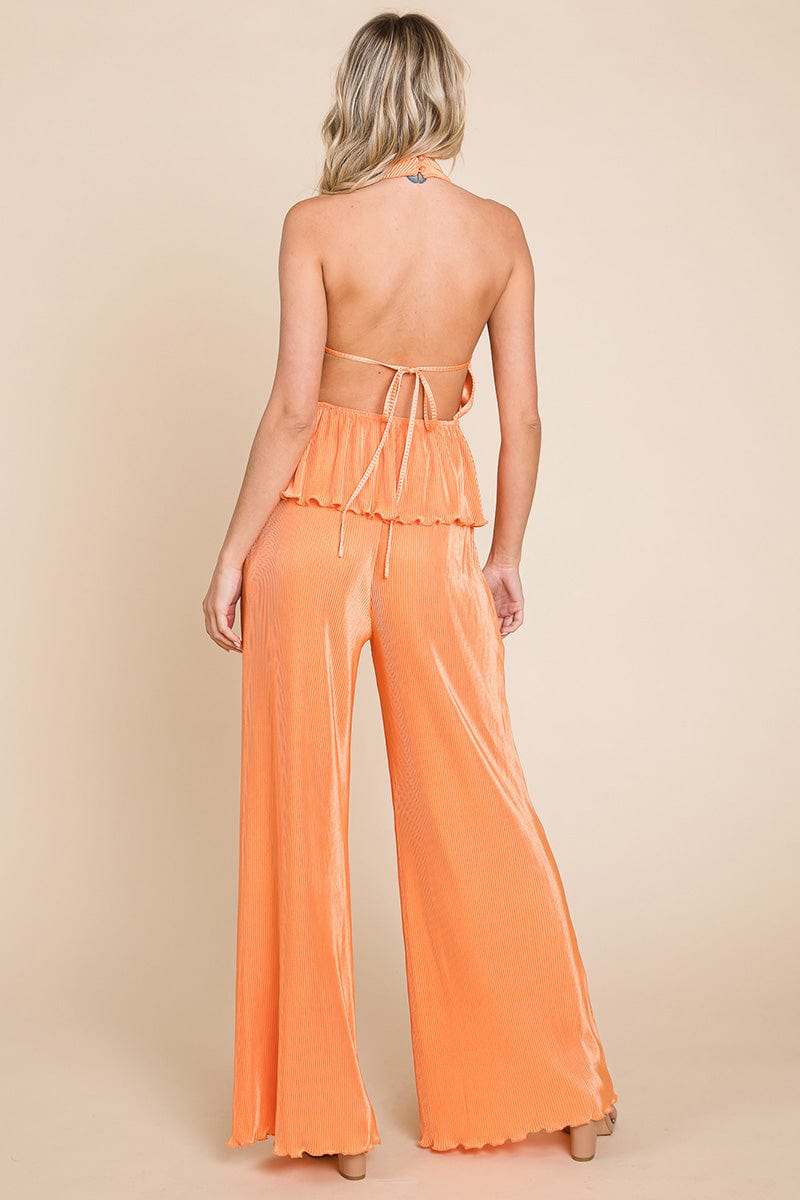 Pleated Backless Halter Tank & Wide Leg Pants Sets