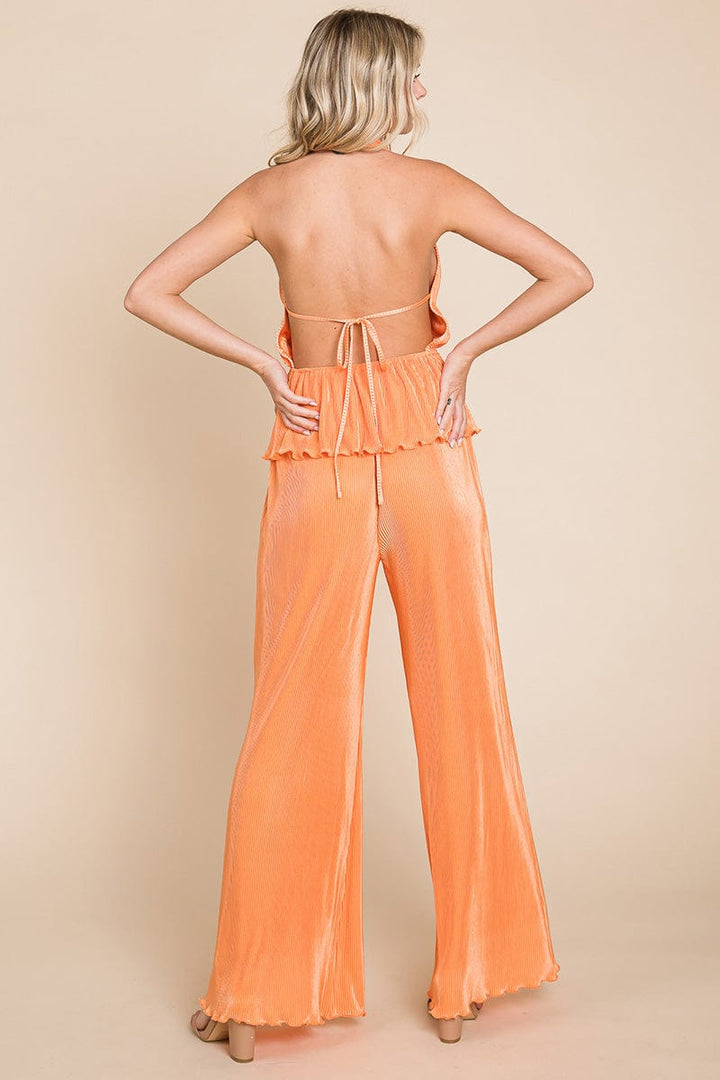 Pleated Backless Halter Tank & Wide Leg Pants Sets