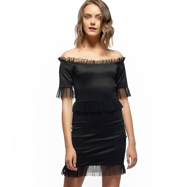 Off Shoulder Lace Trim Bodycon Dress In Black