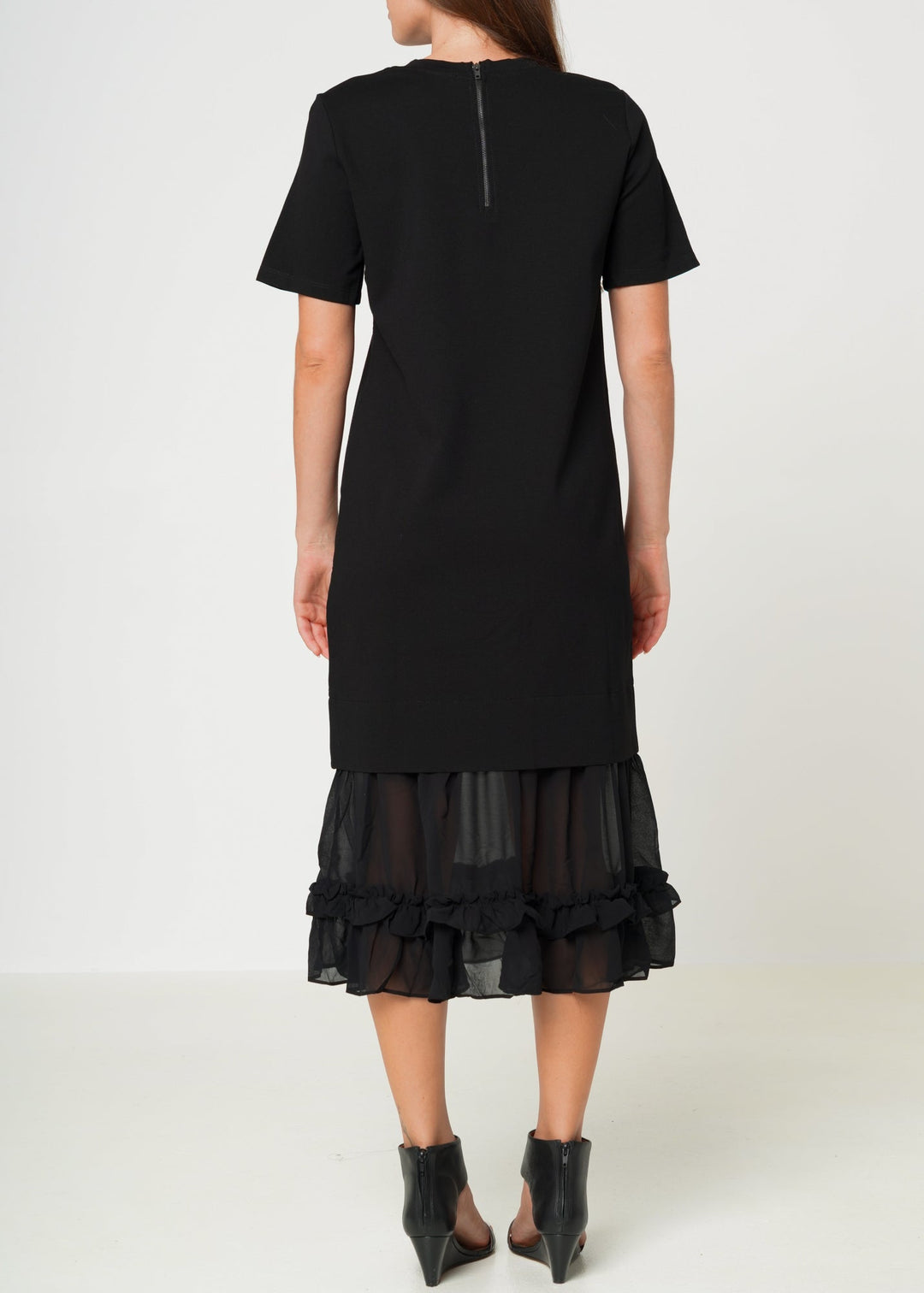 Sheer Contrast Ruffle Hem Midi Dress In Black