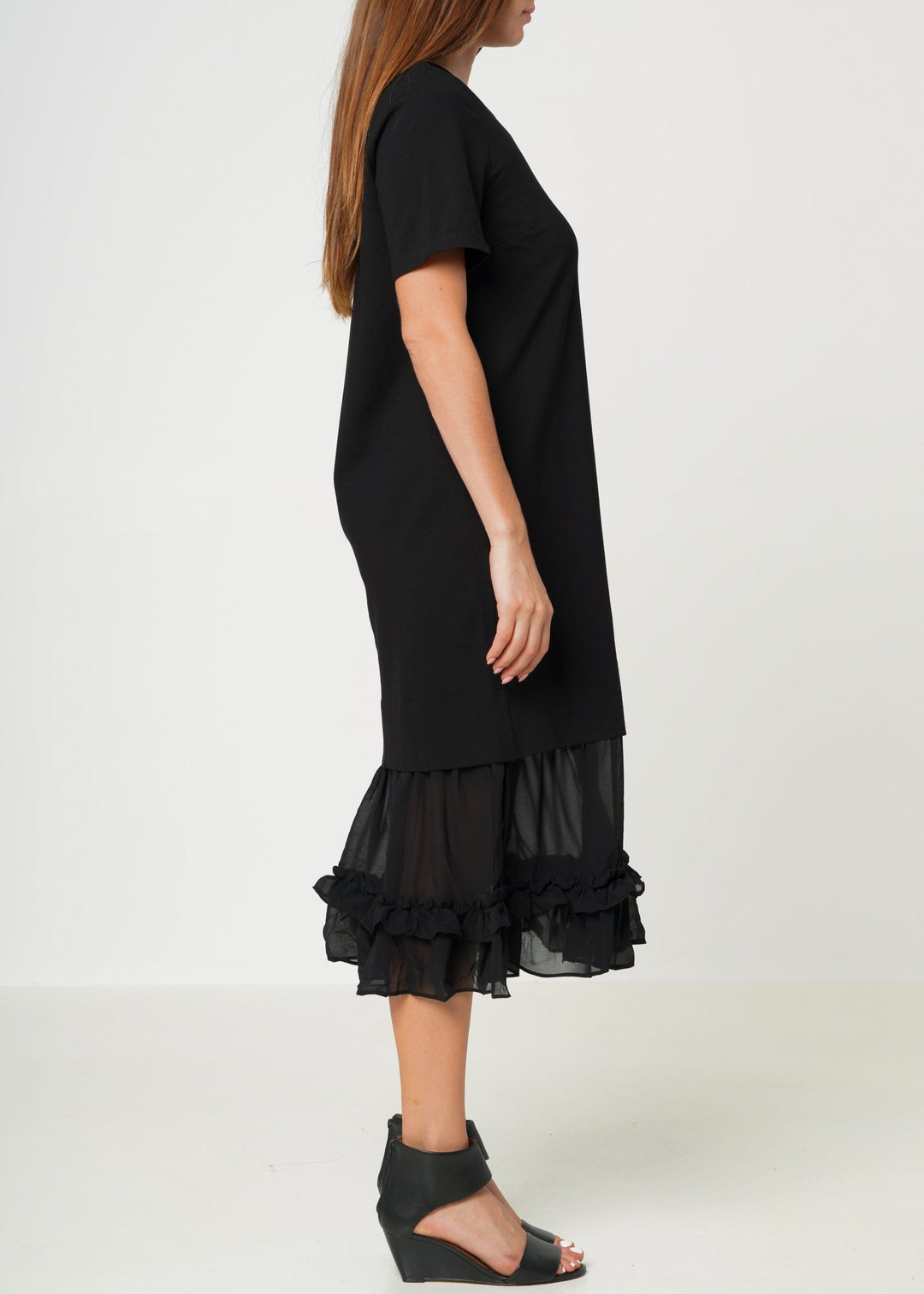 Sheer Contrast Ruffle Hem Midi Dress In Black