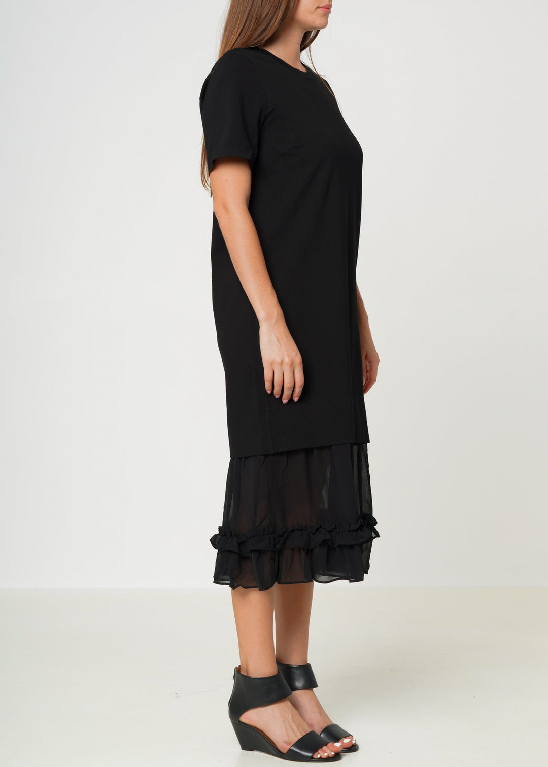 Sheer Contrast Ruffle Hem Midi Dress In Black