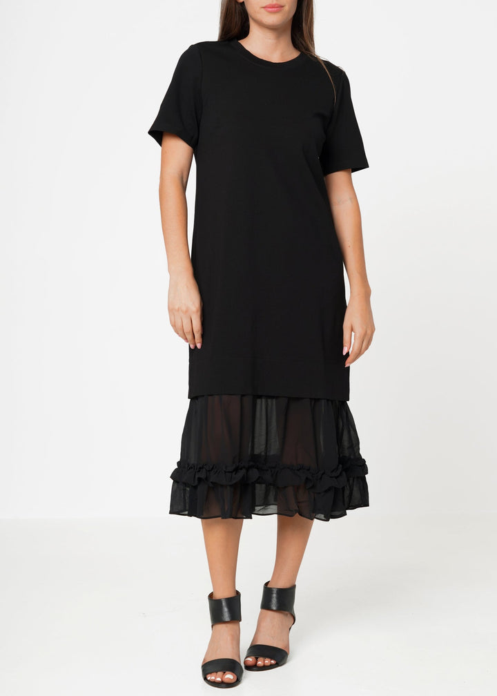 Sheer Contrast Ruffle Hem Midi Dress In Black