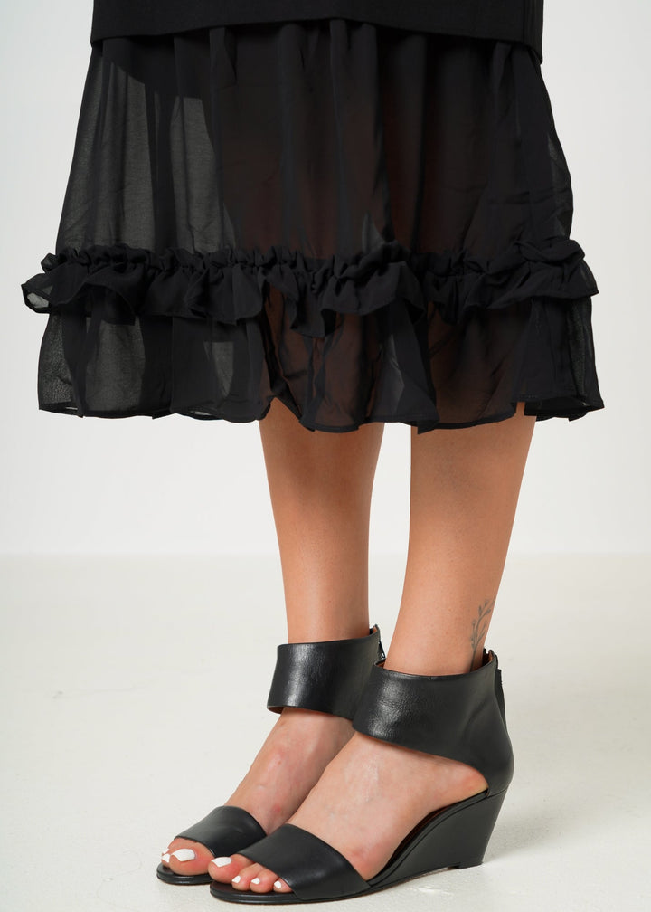 Sheer Contrast Ruffle Hem Midi Dress In Black