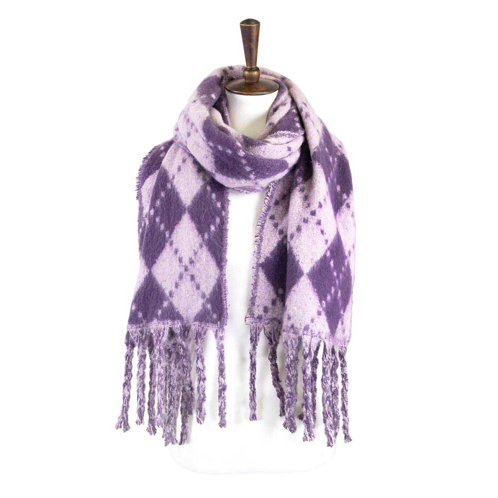 Argyle Print Oblong Scarf With Fringe by Madeline Love