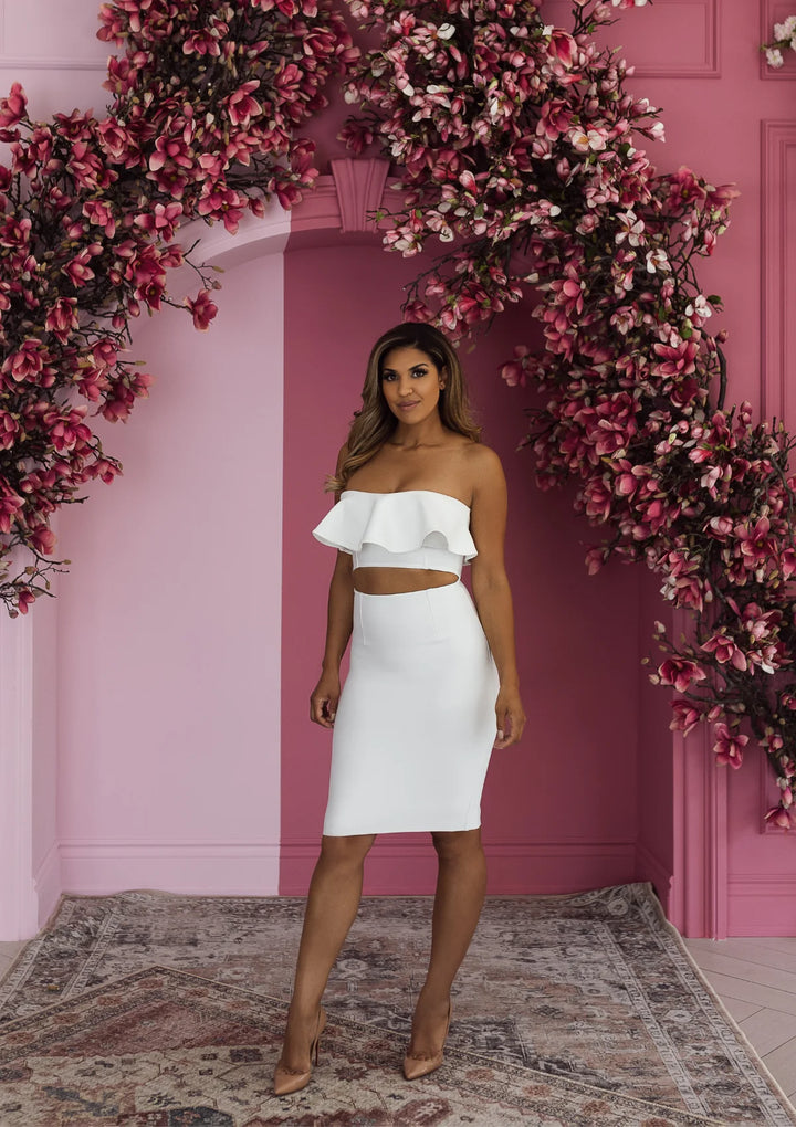 P+P COLLECTION STRAPLESS RUFFLE BANDAGE DRESS