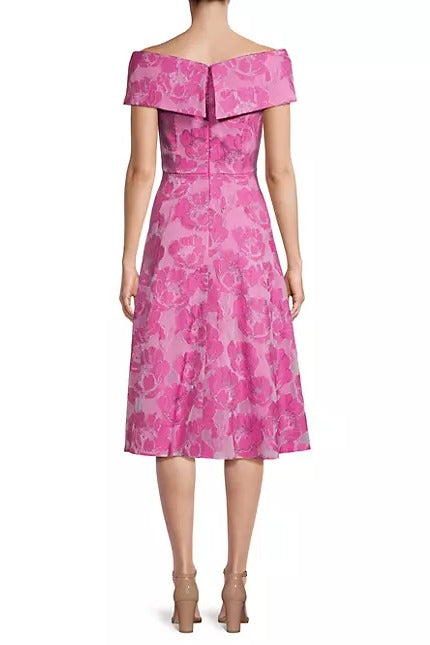 Aidan Mattox Elegant Magenta Floral Jacquard Off-The-Shoulder Midi-Dress (Size 8)