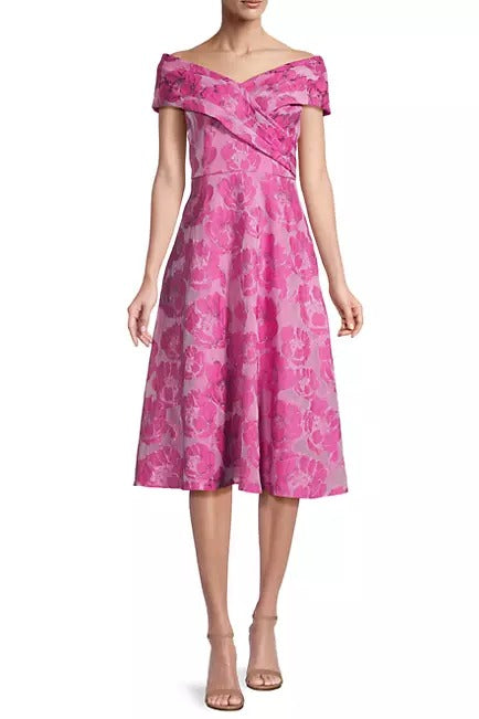 Aidan Mattox Elegant Magenta Floral Jacquard Off-The-Shoulder Midi-Dress (Size 8)