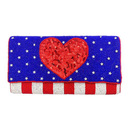 American USA Flag Heart Seed Beaded Clutch Crossbody Bag by Madeline Love