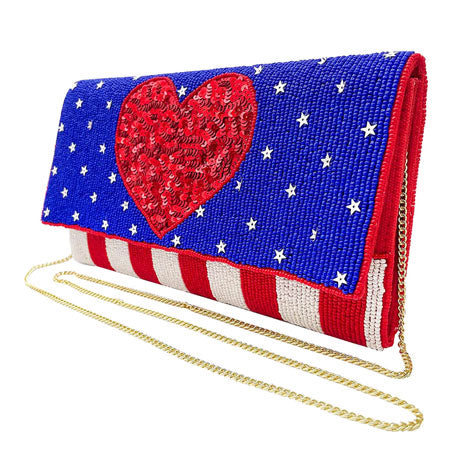 American USA Flag Heart Seed Beaded Clutch Crossbody Bag by Madeline Love