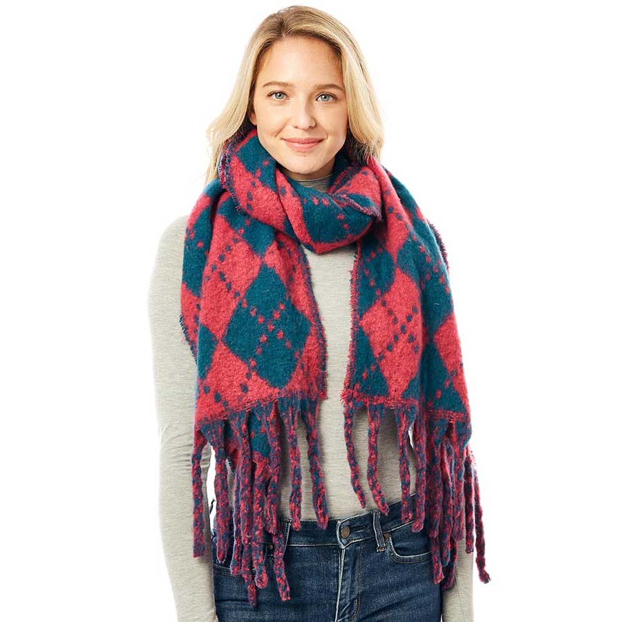 Argyle Print Oblong Scarf With Fringe by Madeline Love