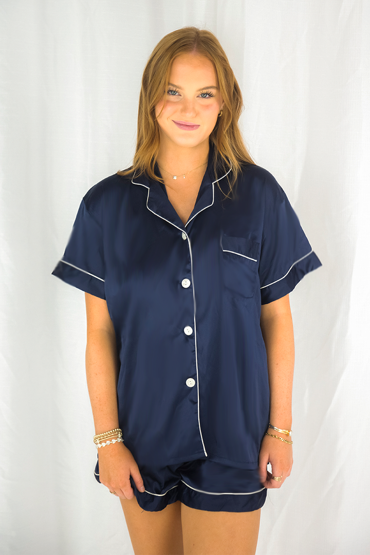 Navy Satin Pajamas Shorts Set by Spikes and Seams