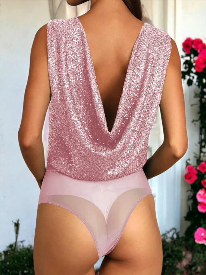 Cowl Back V-Neck Sleeveless Sequin Bodysuit