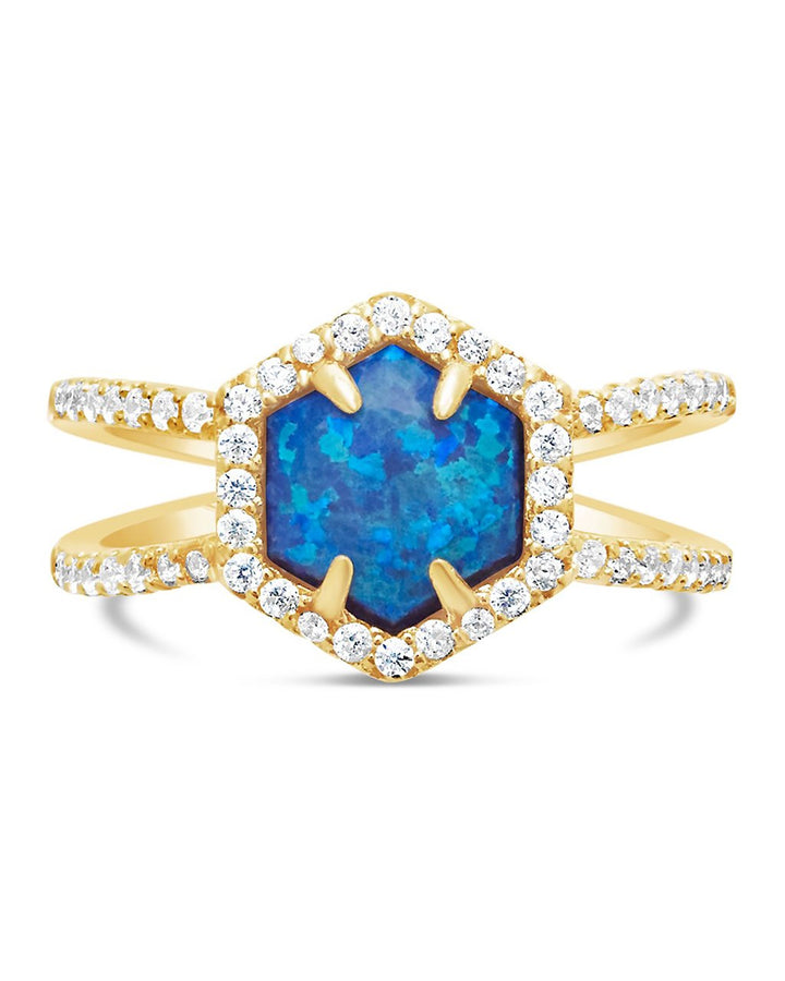 14K Gold Plated Sterling Silver Created Opal Gemstone Double Row Band Ring by Sterling Forever